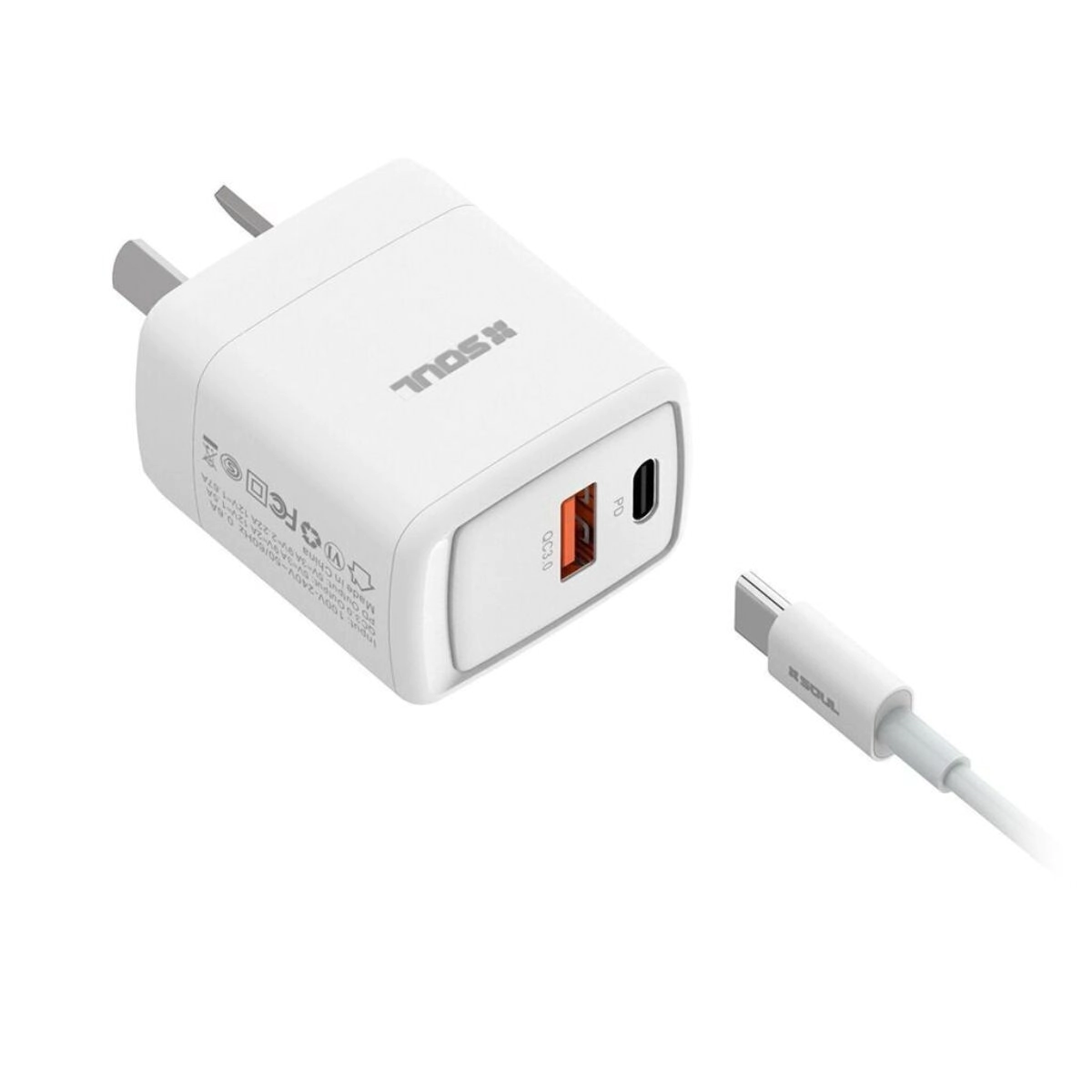 CARGADOR SOUL PD QC 20W USB Y TYPE-C + CABLE TYPE-C A LIGHTNING CVJ'PDQCL