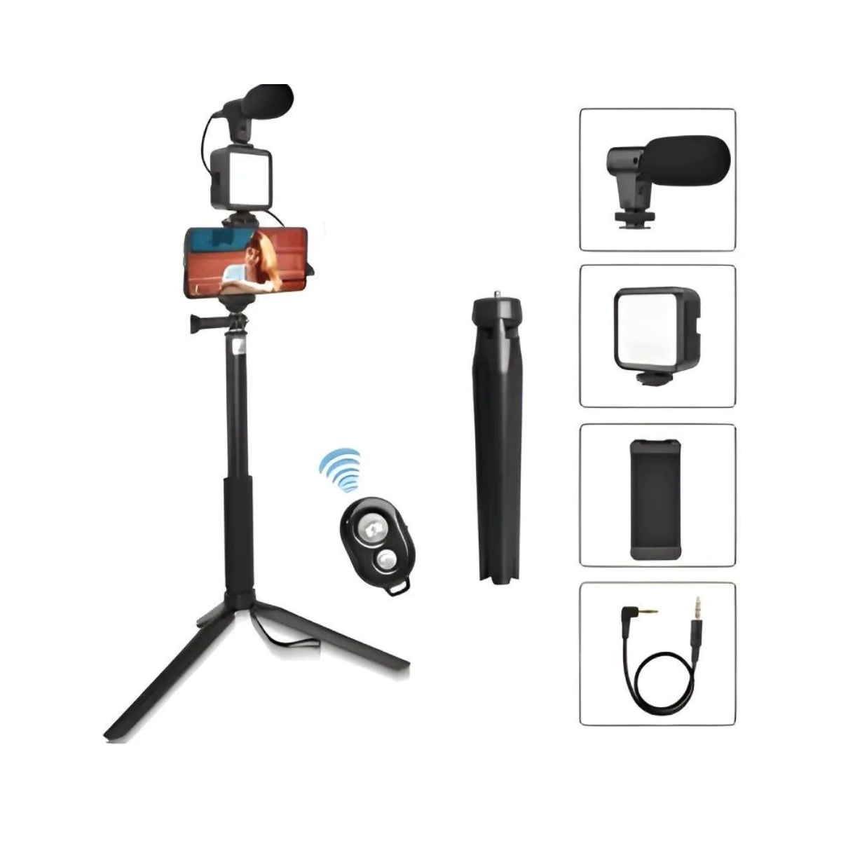 KIT DE GRABACION MIC + TRIPODE + LUZ AY-49Z