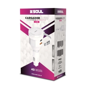 CARGADOR AUTO SOUL PD 40W CABLE RETRACTIL + TYPE-C + USB ca-pd40wrc