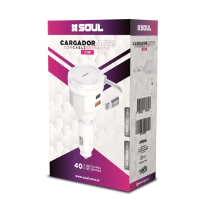 CARGADOR AUTO SOUL PD 40W CABLE RETRACTIL + TYPE-C + USB ca-pd40wrc